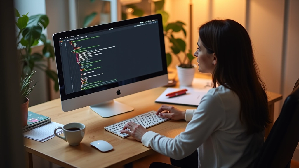 Pessoa a trabalhar num Mac num ambiente calmo, com documentação e notas à sua volta, iluminação suave, composição limpa
