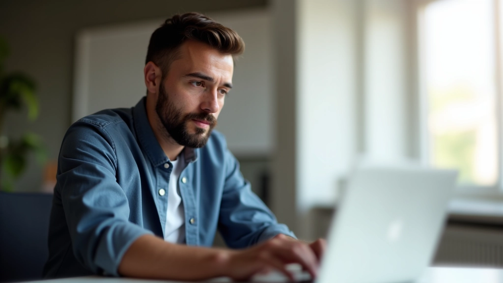 Técnico de suporte Mac a trabalhar num computador portátil, ambiente de escritório moderno, iluminação natural, foco nítido
